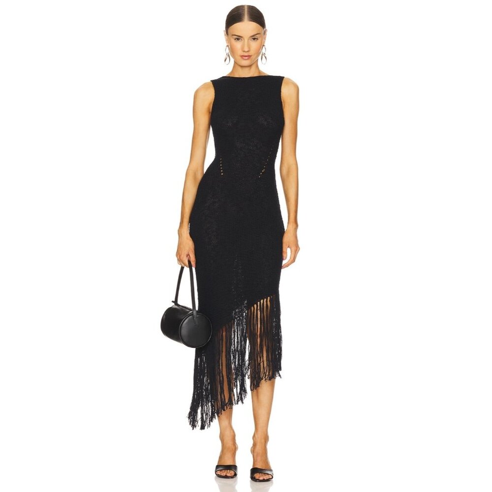 Rails Rylee Fringe-Trim Black Knit Midi Dress Siz… - image 1